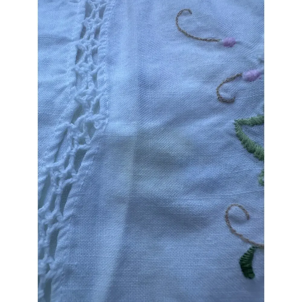 Vintage Hand Embroidered Tablecloth White floral pink blue beautiful cut out